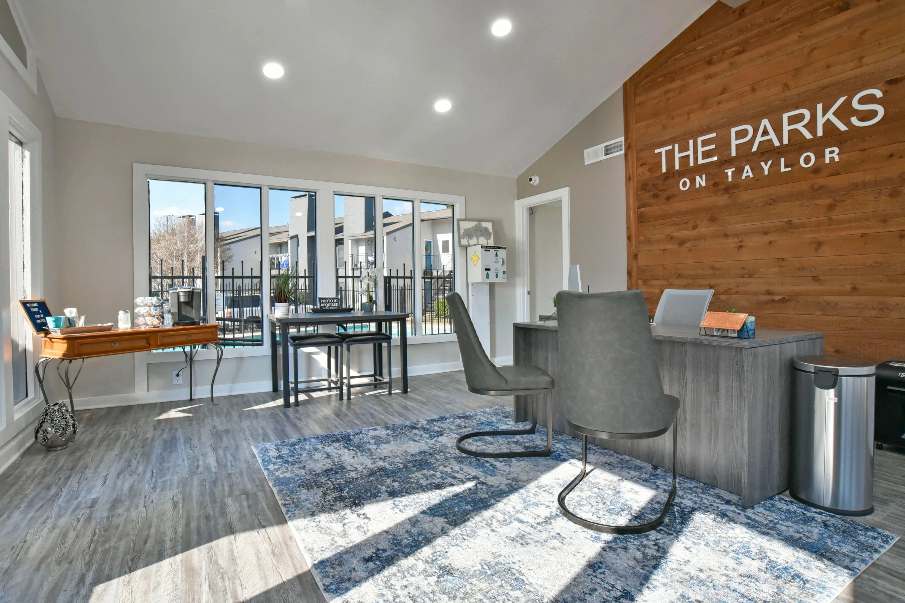 Luxury apartment leasing office and modern community exterior at Parks on Taylor