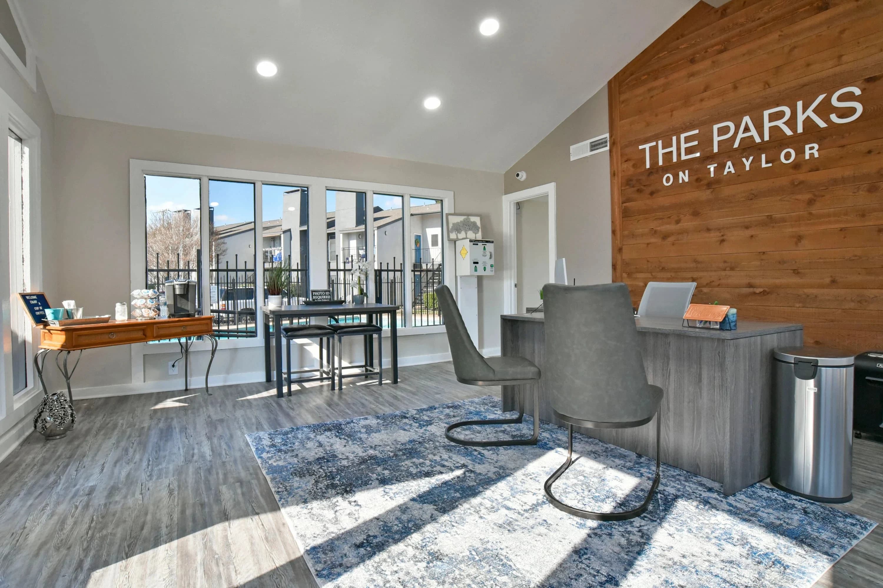 Luxury apartment leasing office and modern community exterior at Parks on Taylor