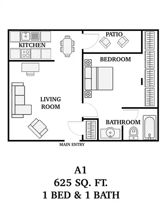 1 bedroom apartment floor plan A1 at Parks on Taylor apartments in Sherman TX